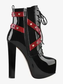 Women's Black Rivets Sexy Booties Platform Round Toe Chunky Heel Ankle Boots