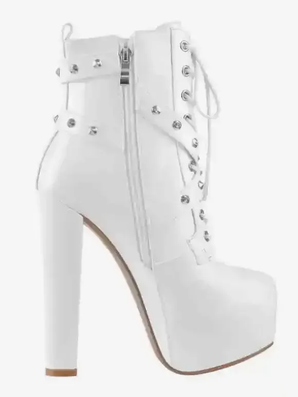 Women's Black Rivets Sexy Booties Platform Round Toe Chunky Heel Ankle Boots