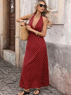 Women's Black White Polka Dot Halter Maxi Dress Deep V Neck Sleeveless Flowy Summer Dress