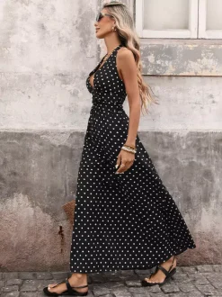Women's Black White Polka Dot Halter Maxi Dress Deep V Neck Sleeveless Flowy Summer Dress