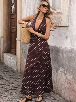 Women's Black White Polka Dot Halter Maxi Dress Deep V Neck Sleeveless Flowy Summer Dress