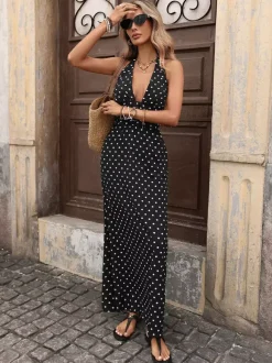 Women's Black White Polka Dot Halter Maxi Dress Deep V Neck Sleeveless Flowy Summer Dress