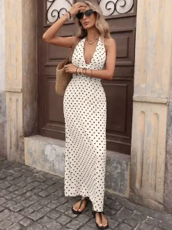 Women's Black White Polka Dot Halter Maxi Dress Deep V Neck Sleeveless Flowy Summer Dress