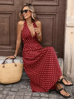 Women's Black White Polka Dot Halter Maxi Dress Deep V Neck Sleeveless Flowy Summer Dress