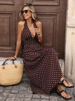 Women's Black White Polka Dot Halter Maxi Dress Deep V Neck Sleeveless Flowy Summer Dress