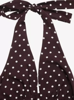 Women's Black White Polka Dot Halter Maxi Dress Deep V Neck Sleeveless Flowy Summer Dress