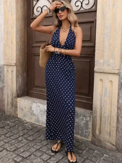 Women's Black White Polka Dot Halter Maxi Dress Deep V Neck Sleeveless Flowy Summer Dress