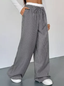 Women's Black White Striped Wide Leg Pants Contrast Elastic Waist Drawstring Casual Trousers
