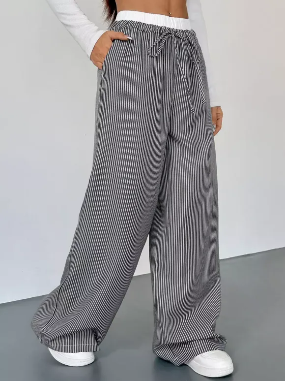 Women's Black White Striped Wide Leg Pants Contrast Elastic Waist Drawstring Casual Trousers