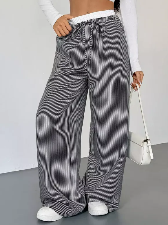 Women's Black White Striped Wide Leg Pants Contrast Elastic Waist Drawstring Casual Trousers