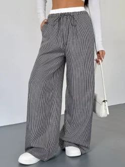 Women's Black White Striped Wide Leg Pants Contrast Elastic Waist Drawstring Casual Trousers