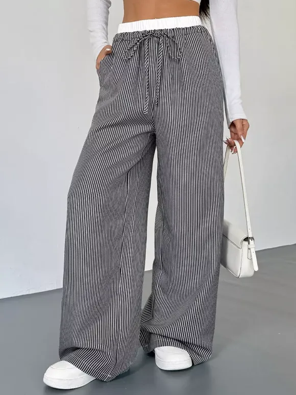 Women's Black White Striped Wide Leg Pants Contrast Elastic Waist Drawstring Casual Trousers