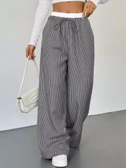 Women's Black White Striped Wide Leg Pants Contrast Elastic Waist Drawstring Casual Trousers