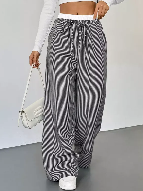 Women's Black White Striped Wide Leg Pants Contrast Elastic Waist Drawstring Casual Trousers
