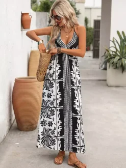 Women's Black White Tropical Print Halter Maxi Dress V Neck Sleeveless Flowy Summer Beach Dress