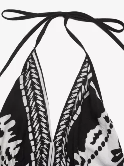 Women's Black White Tropical Print Halter Maxi Dress V Neck Sleeveless Flowy Summer Beach Dress