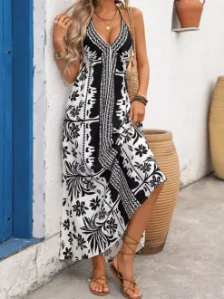 Women's Black White Tropical Print Halter Maxi Dress V Neck Sleeveless Flowy Summer Beach Dress