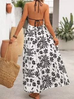 Women's Black White Tropical Print Halter Maxi Dress V Neck Sleeveless Flowy Summer Beach Dress