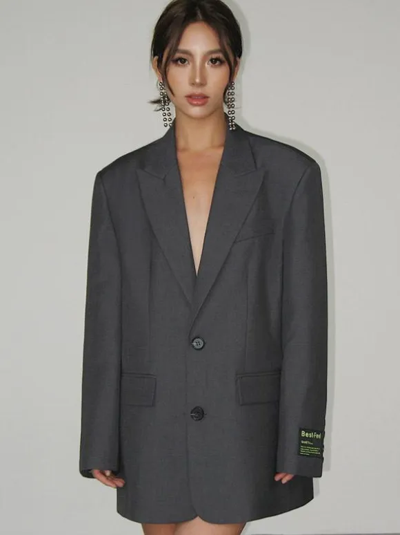 Women's Blazer Long Bold Shoulder Lapel Button Outerwear