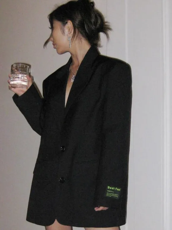 Women's Blazer Long Bold Shoulder Lapel Button Outerwear