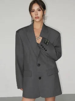Women's Blazer Long Bold Shoulder Lapel Button Outerwear