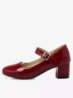 Women's Block Heel Pumps Patent Mary Jane Square Toe Low Heel Shoes in Burgundy Vintage Shoes