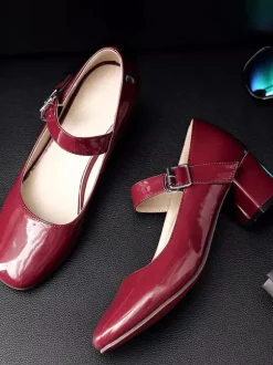 Women's Block Heel Pumps Patent Mary Jane Square Toe Low Heel Shoes in Burgundy Vintage Shoes