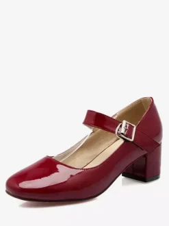 Women's Block Heel Pumps Patent Mary Jane Square Toe Low Heel Shoes in Burgundy Vintage Shoes