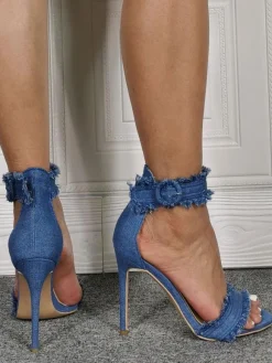 Womens Blue Denim Ankle Strap Heels Stiletto Prom Heel Sandals Prom Shoes