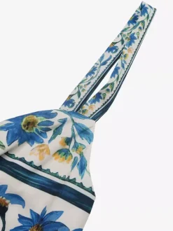 Women's Blue Floral Print Spaghetti Strap Maxi Dress Tie Front Tiered Flowy Summer Beach Dress