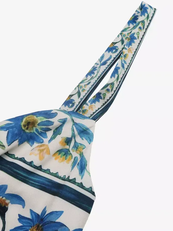 Women's Blue Floral Print Spaghetti Strap Maxi Dress Tie Front Tiered Flowy Summer Beach Dress