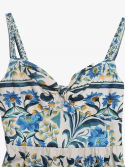 Women's Blue Floral Print Spaghetti Strap Maxi Dress Tie Front Tiered Flowy Summer Beach Dress