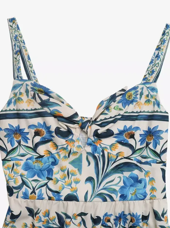 Women's Blue Floral Print Spaghetti Strap Maxi Dress Tie Front Tiered Flowy Summer Beach Dress