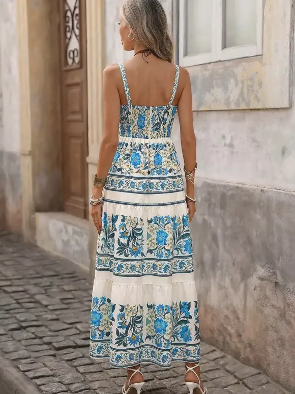 Women's Blue Floral Print Spaghetti Strap Maxi Dress Tie Front Tiered Flowy Summer Beach Dress