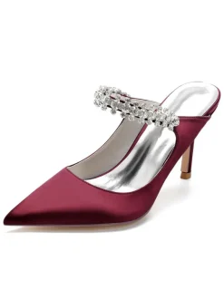Women's Bridal Mules Rhinestones Pointed Toe Stiletto Heel in Satin