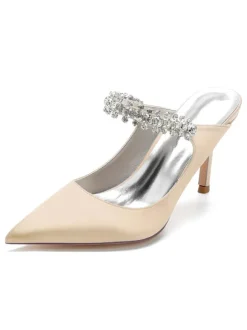 Women's Bridal Mules Rhinestones Pointed Toe Stiletto Heel in Satin
