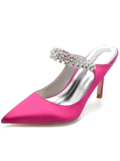 Women's Bridal Mules Rhinestones Pointed Toe Stiletto Heel in Satin