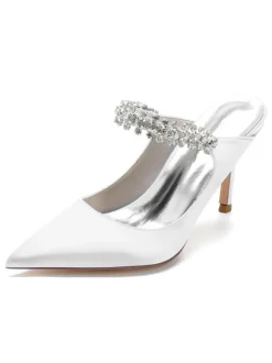 Women's Bridal Mules Rhinestones Pointed Toe Stiletto Heel in Satin