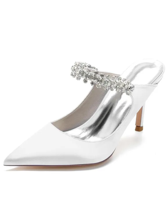 Women's Bridal Mules Rhinestones Pointed Toe Stiletto Heel in Satin
