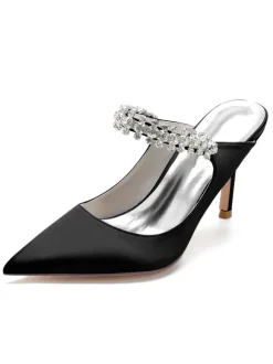 Women's Bridal Mules Rhinestones Pointed Toe Stiletto Heel in Satin
