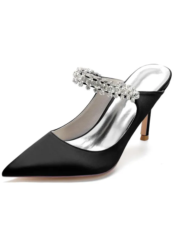 Women's Bridal Mules Rhinestones Pointed Toe Stiletto Heel in Satin