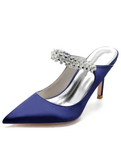 Women's Bridal Mules Rhinestones Pointed Toe Stiletto Heel in Satin