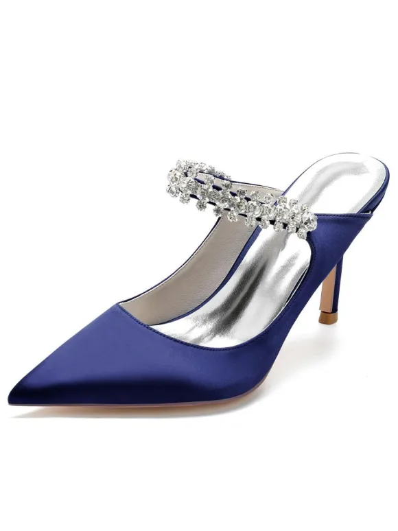 Women's Bridal Mules Rhinestones Pointed Toe Stiletto Heel in Satin