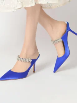 Women's Bridal Mules Rhinestones Pointed Toe Stiletto Heel in Satin