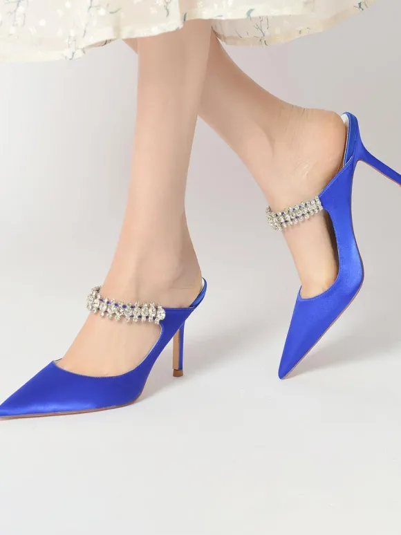 Women's Bridal Mules Rhinestones Pointed Toe Stiletto Heel in Satin
