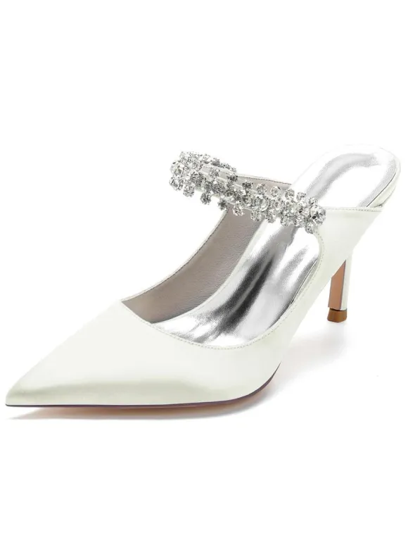 Women's Bridal Mules Rhinestones Pointed Toe Stiletto Heel in Satin
