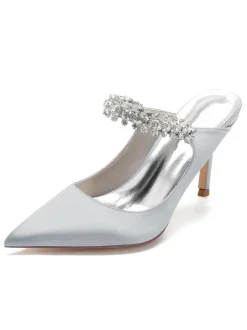 Women's Bridal Mules Rhinestones Pointed Toe Stiletto Heel in Satin