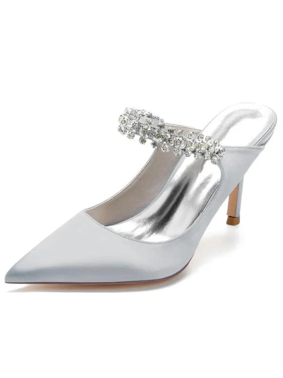 Women's Bridal Mules Rhinestones Pointed Toe Stiletto Heel in Satin