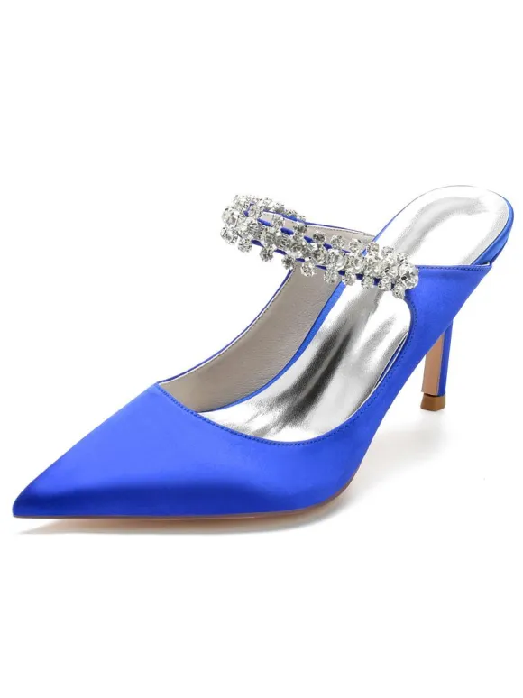 Women's Bridal Mules Rhinestones Pointed Toe Stiletto Heel in Satin