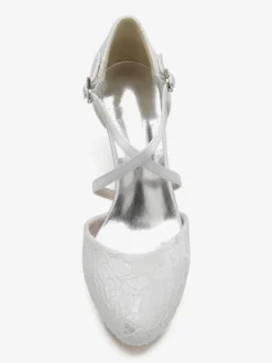 Women's Bridal Shoes Lace Deep Blue Round Toe Rhinestones Chunky Heel Bridal Shoes